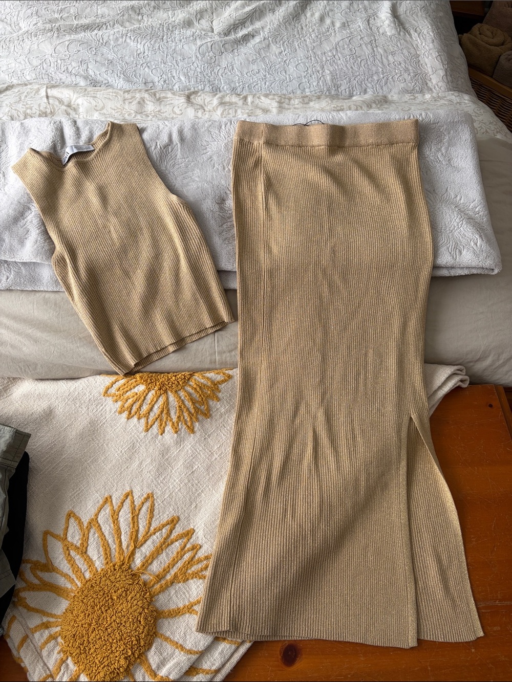NWOT Zara Knit Maxi Skirt Set in Gold Glitter